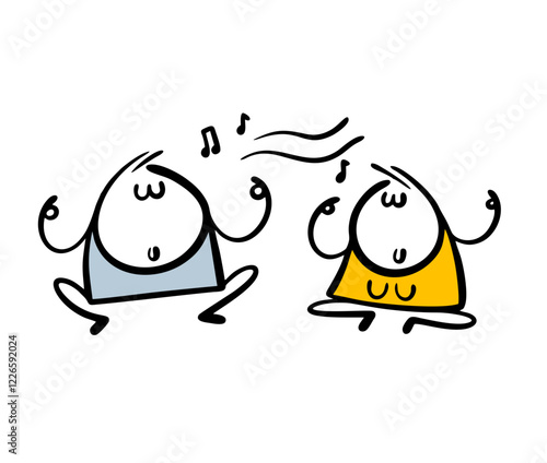 Group yoga class. Vector illustration of a man and a woman sitting in the lotus position, meditating and listening to Indian music. Isolated funny person on white background.