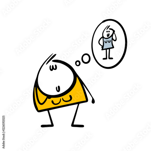 Fat young woman dreams of becoming a skinny model. Vector illustration of beauty standards, false ideals. Body positivity is in fashion. Isolated funny person on white background.