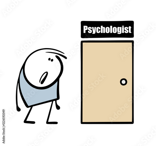 Upset man in depression goes to a psychologist. Vector illustration of a stickman standing in front of the door and hesitating to go inside, psychological help is needed. Isolated funny person.