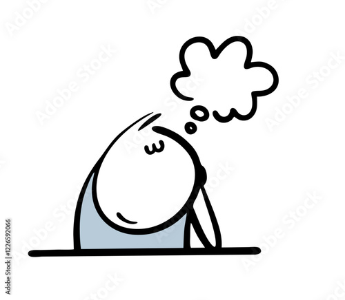 Cartoon stickman sits at a table and thinks. Vector illustration of a man dreaming. Isolated funny person on white background.
