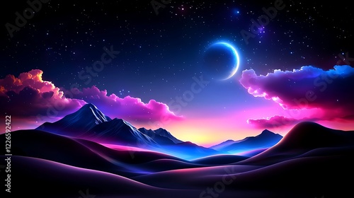 Pixel Art Night Landscape with Crescent Moon and Neon Mountains