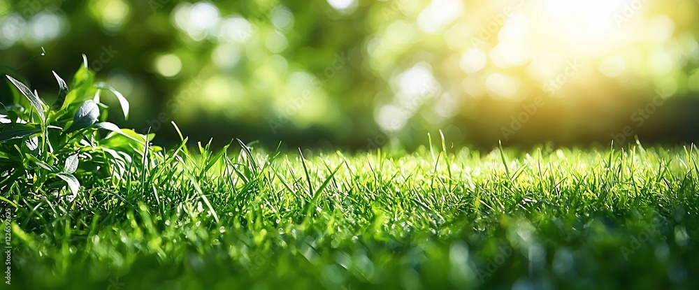 Lush green grass in sunlight with blurred background. Lush green grass in sunlight with blurred background.