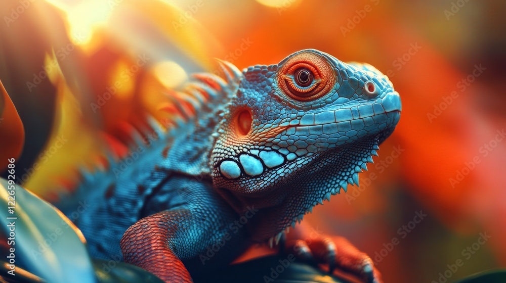Fototapeta premium A close up of a blue iguana with a red eye.