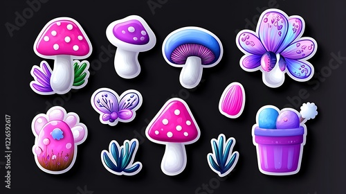 Pixel Art Stickers Featuring Fantasy Mushrooms, Flowers, and Butterflies
