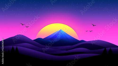 Pixel Art Sunset Landscape Vibrant Pink Purple Mountains