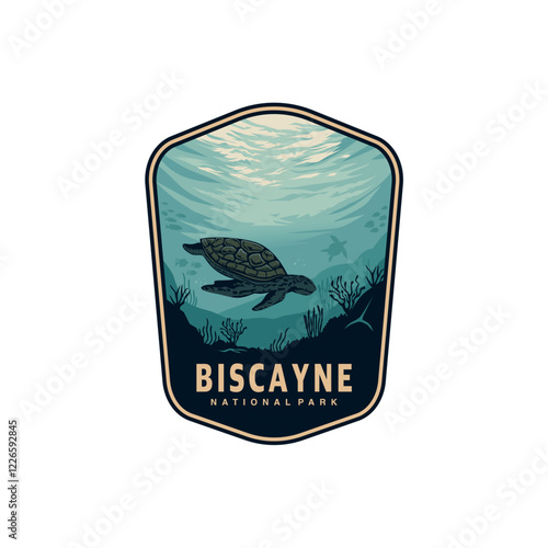 Biscayne National Park logo patch badge illustration, Sea turtle underwater diving design