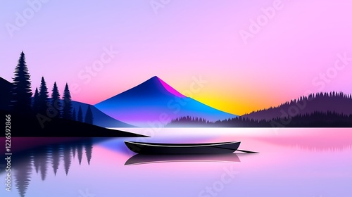 Pixel Art Sunset Landscape Serene Lake with Silhouette Mountain and Boat