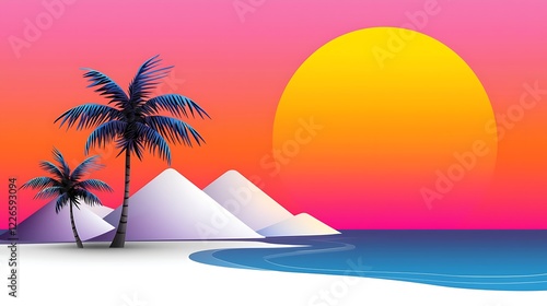 Pixel Art Tropical Sunset Pink Sky, Yellow Sun, Palm Trees, and Mountains