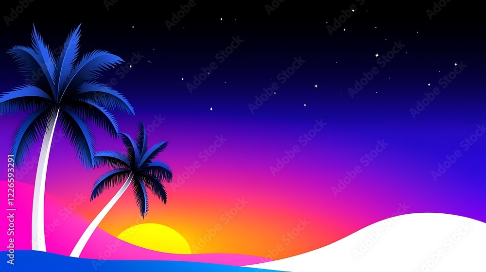 Naklejka premium Pixel Art Tropical Sunset Vibrant Night Sky and Palm Trees