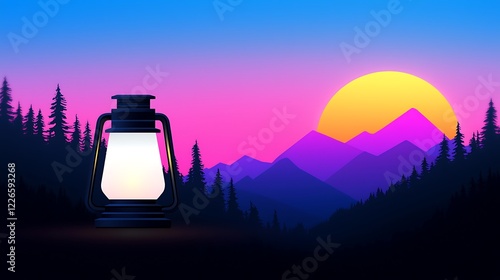Pixel Art Sunset Landscape with Illuminated Lantern