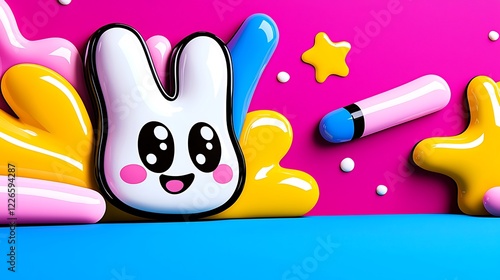 Playful Cartoon Bunny in Vibrant Pink and Yellow 3d Render