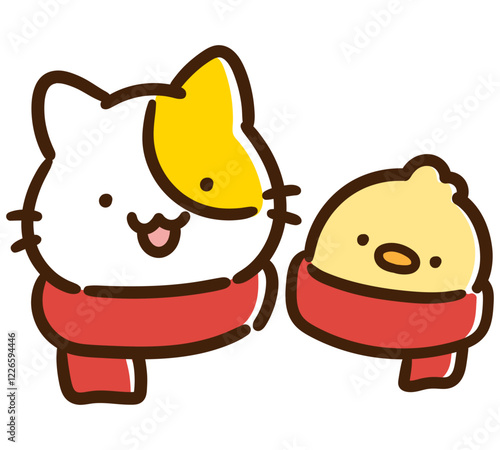 赤いマフラーをつけるねことひよこの顔イラストセット