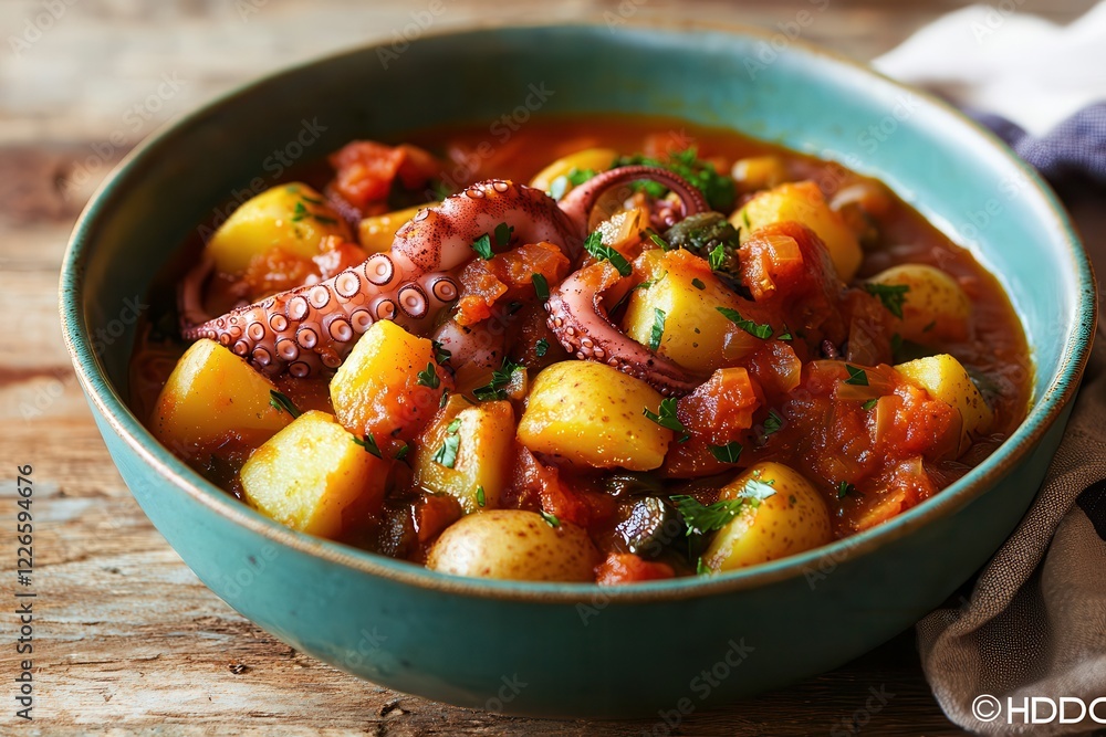 Grilled octopus and hearty seafood stew with tender octopus pieces. Delicious octopus stew with potatoes in a rustic bowl. Grilled octopus and hearty seafood stew with tender octopus pieces. Delicious octopus stew with potatoes in a rustic bowl.