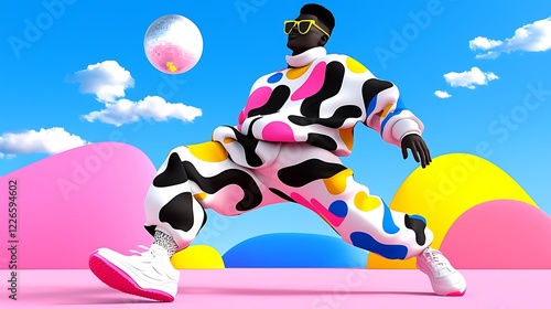 Playful Man in Colorful Outfit Juggling Ball Against Bright Abstract Background
