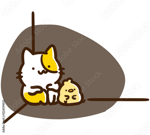 壁の隅っこで落ち込むかわいいねこのひよこのキャラクターのデフォルメイラスト