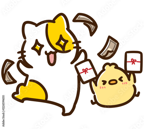 お金に目が眩みはしゃぐかわいいねこのひよこのキャラクターのデフォルメイラスト
