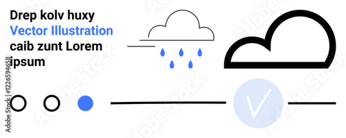 Black cloud with raindrops, bold cloud outline, three black circles and blue dot, V-check mark in blue circle, placeholder text. Ideal for weather apps, web design, UI, UX infographics minimalistic