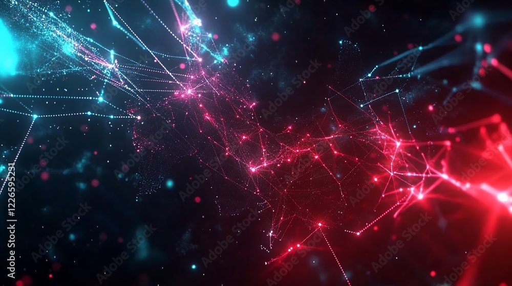 Obraz premium Abstract digital network with connected dots and lines in glowing neon colors