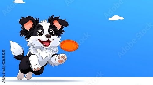 Playful Puppy Catching a Frisbee Under a Bright Blue Sky
