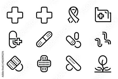 Minimalist medical line icons set, 12 healthcare vector symbols including first aid cross and adhesive bandages, black outline pharmacy and hospital graphics, professional wellness eps elements.