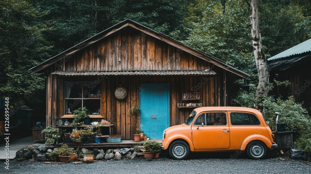 Obraz premium Family-run car hire business with a rustic wooden office, affordable vehicles parked neatly in a small lot