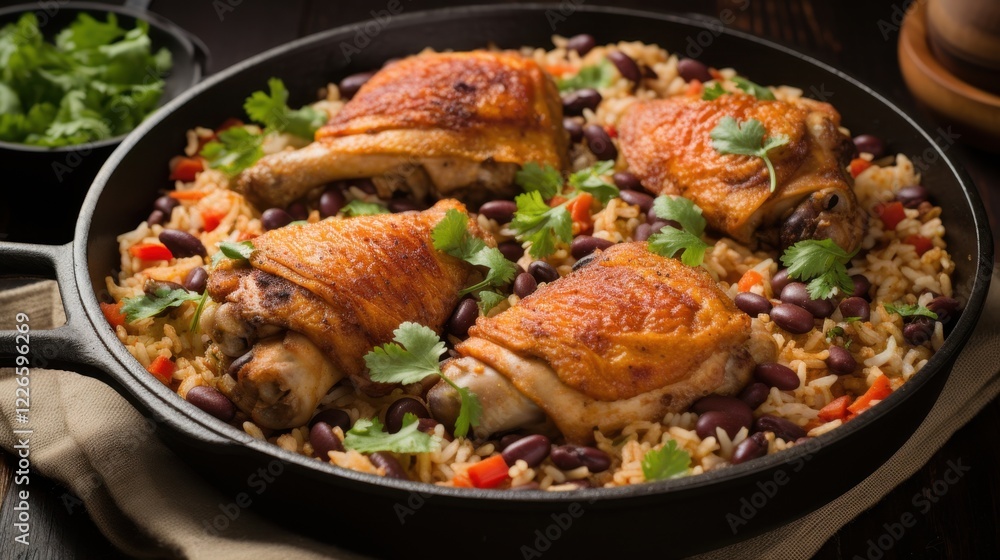 Savory chicken thighs with rice and beans in a cast iron skillet Savory chicken thighs with rice and beans in a cast iron skillet
