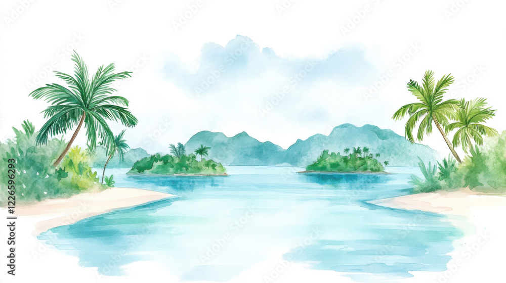 Fototapeta premium A serene watercolor painting of a tropical landscape featuring palm trees, tranquil waters, and distant mountains, evoking relaxation and peace.