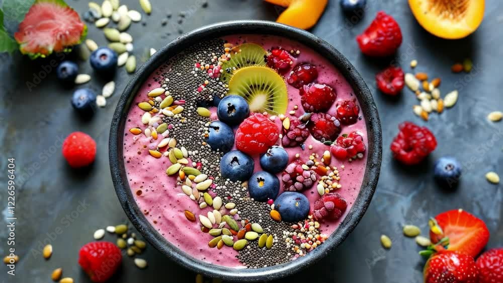 Vibrant smoothie bowl topped with fresh fruits and seeds Vibrant smoothie bowl topped with fresh fruits and seeds