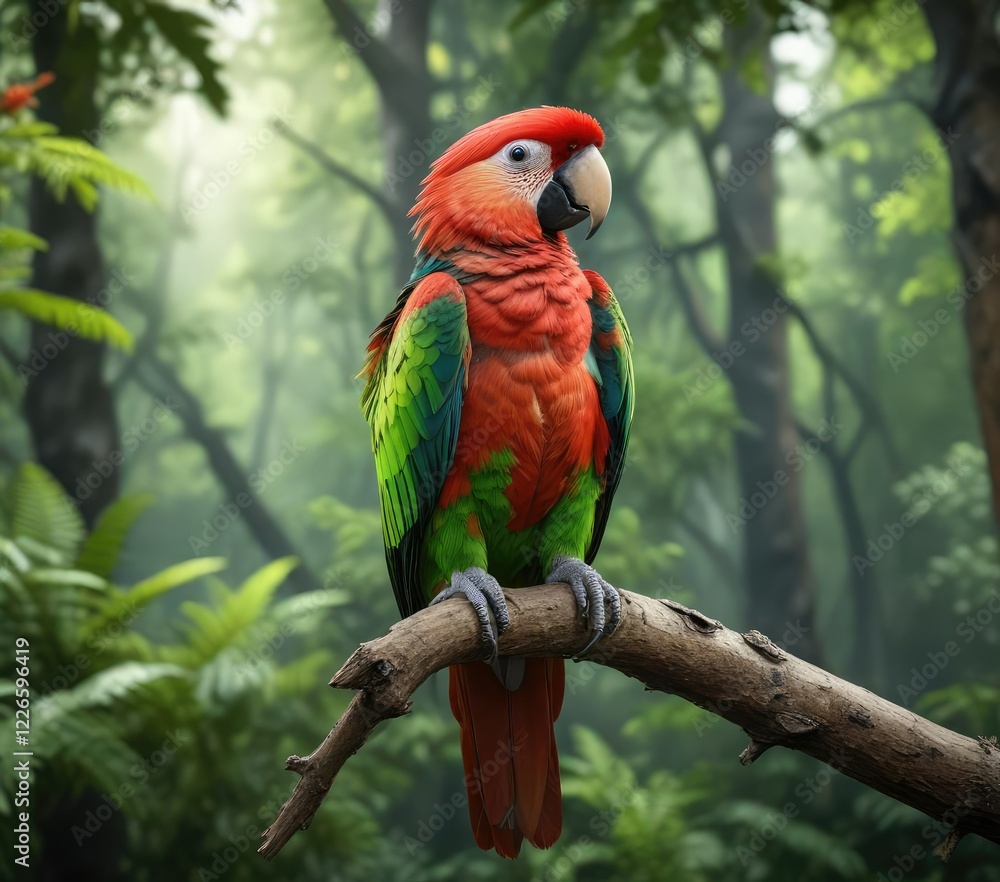 Obraz premium Green and red vibrant parrot perched on a branch in the forest, wildlife encounter , avian life, parrot species