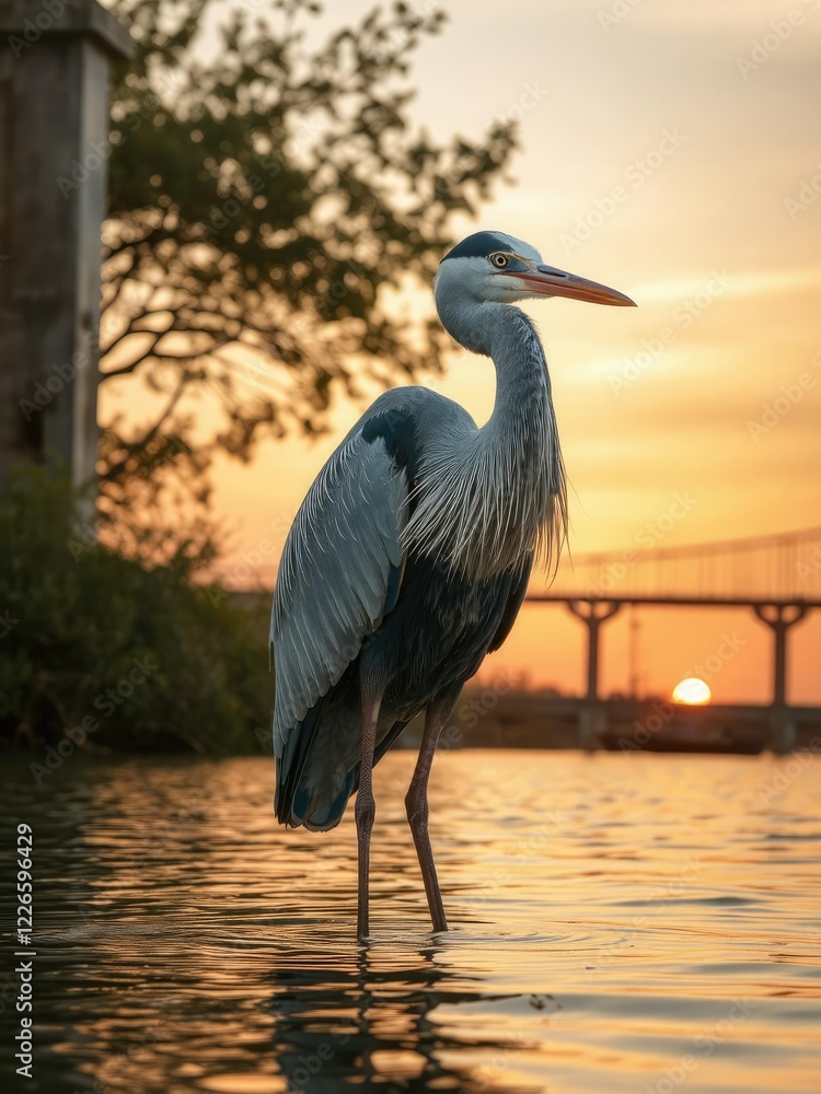 Naklejka premium Great blue heron standing in water at sunset with bridge in background, bird, feathers