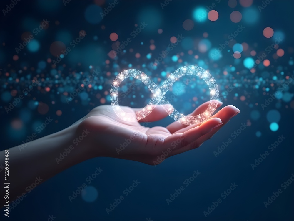 Hand holding virtual reality infinity symbol community connection of metaverse world global network technology system and abstract loop sign element on innovation digital communication 3d background. Hand holding virtual reality infinity symbol community connection of metaverse world global network technology system and abstract loop sign element on innovation digital communication 3d background.
