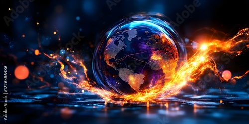 A glowing, stylized globe surrounded by dynamic flames and digital patterns, symbolizing technology and global connectivity. Concept Glowing Globe, Dynamic Flames, Digital Patterns