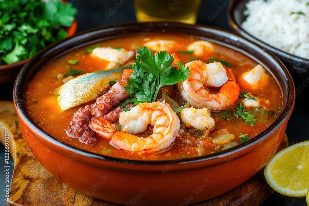 Grilled octopus and hearty seafood stew with tender octopus pieces. Vibrant seafood soup garnished with fresh herbs and lemon. Grilled octopus and hearty seafood stew with tender octopus pieces. Vibrant seafood soup garnished with fresh herbs and lemon.