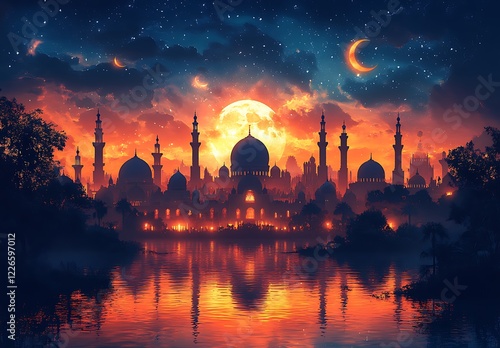 Twilight Fantasy Cityscape with Domed Buildings and Starry Reflections

