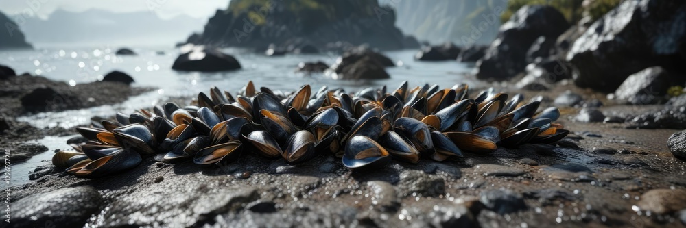 Group of fresh mussels attached to rocky surface in natural habitat, environment, British Isles, fishing industry, ocean floor, seafood Group of fresh mussels attached to rocky surface in natural habitat, environment, British Isles, fishing industry, ocean floor, seafood