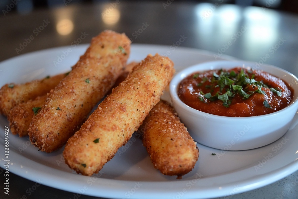 Crispy golden breaded cheese sticks served with marinara sauce on a restaurant table Crispy golden breaded cheese sticks served with marinara sauce on a restaurant table