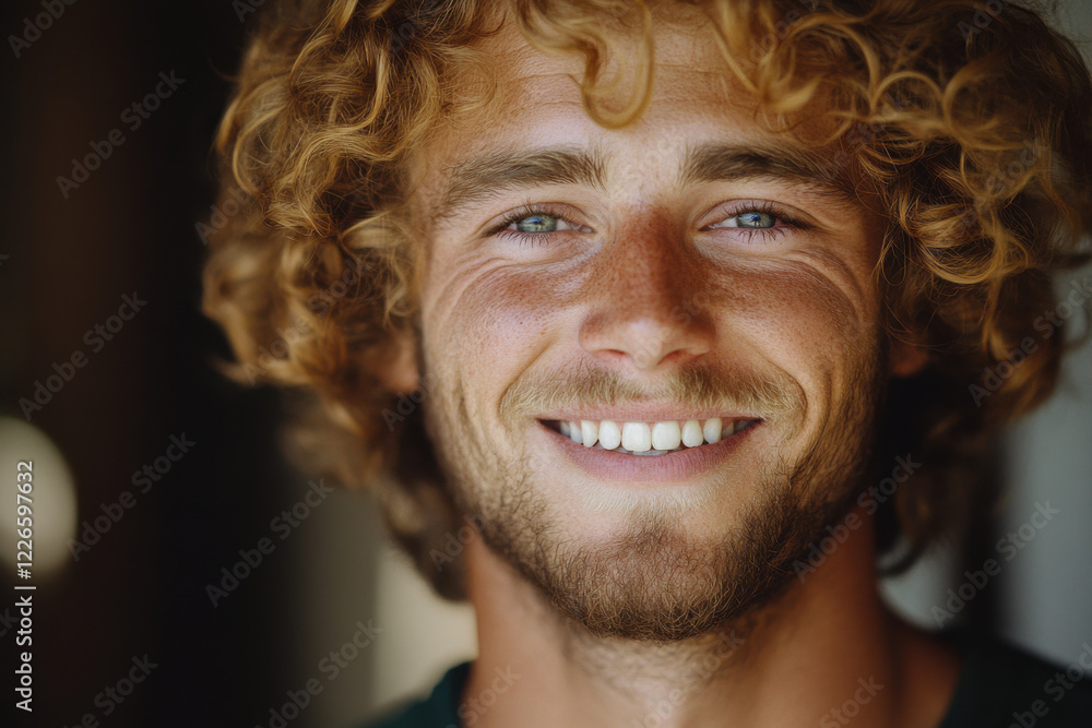 Curly-haired dimply-cheeked man smiling, portrait Curly-haired dimply-cheeked man smiling, portrait