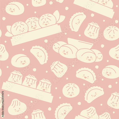 Seamless background with Chinese kawaii dumplings. Xiao Long Bao, Siu Mai, Baozi