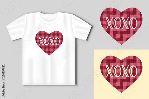 Vector illustration of Buffalo plaid heart with XOXO inscription. ute illustration with t-shirt mockup