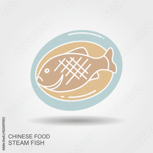 Steamed whole fish. Traditional dish for Chinese Lunar New Year. Vector flat icon with shadow photo