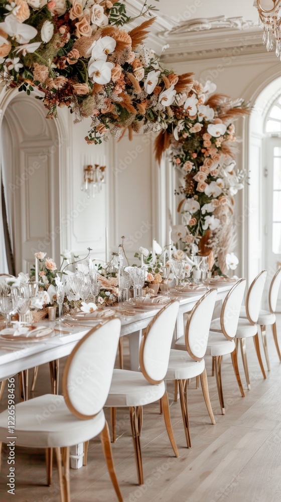 Elegant floral wedding reception with white chairs and ornate table setting Elegant floral wedding reception with white chairs and ornate table setting