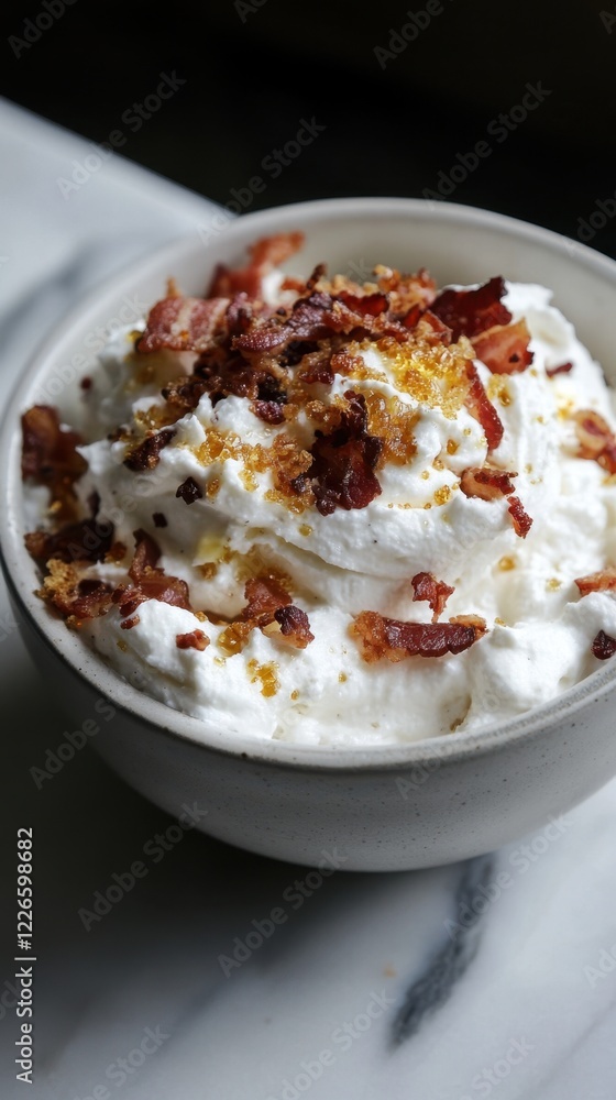 Delicious bacon-topped whipped cream dessert in a ceramic bowl Delicious bacon-topped whipped cream dessert in a ceramic bowl