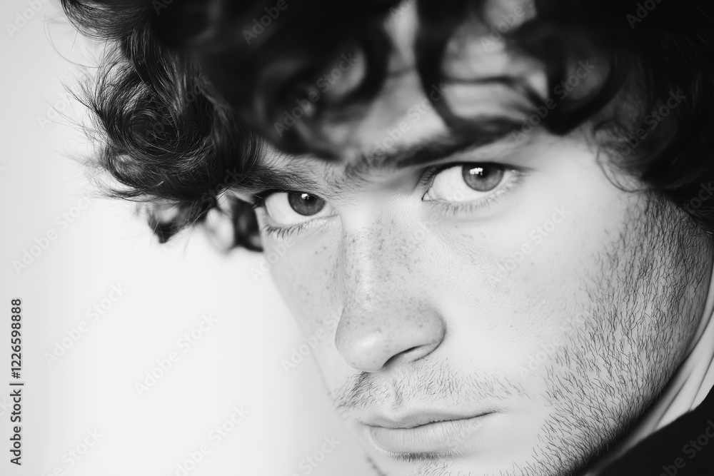 Fototapeta premium Intense Black and White Portrait of Young Man with Curly Hair