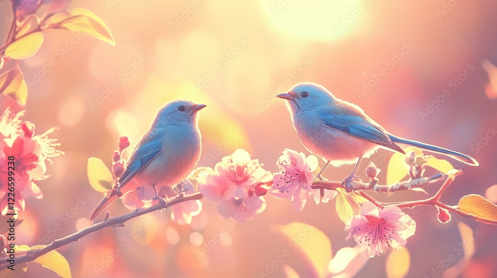 Birds perched on blooming branch, sunset, spring, garden, romance Birds perched on blooming branch, sunset, spring, garden, romance