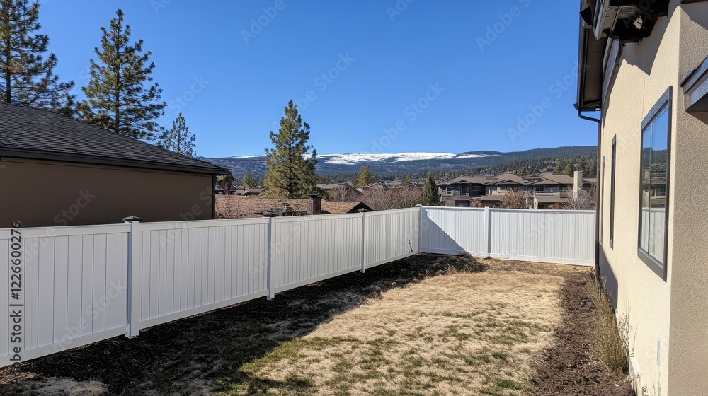 Serene Backyard View with Mountain Landscape and Clear Sky Serene Backyard View with Mountain Landscape and Clear Sky