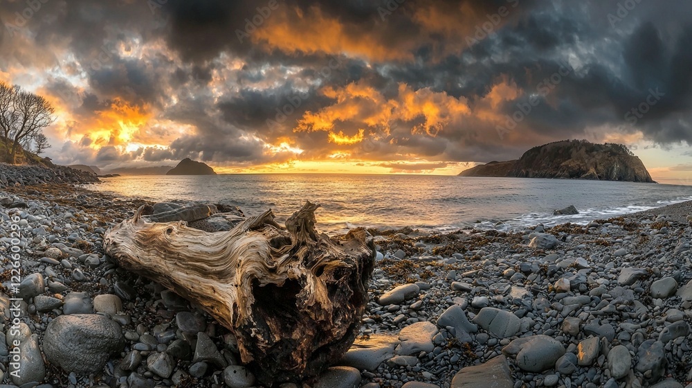 Sunset Coastline, Driftwood, Rocky Beach Sunset Coastline, Driftwood, Rocky Beach