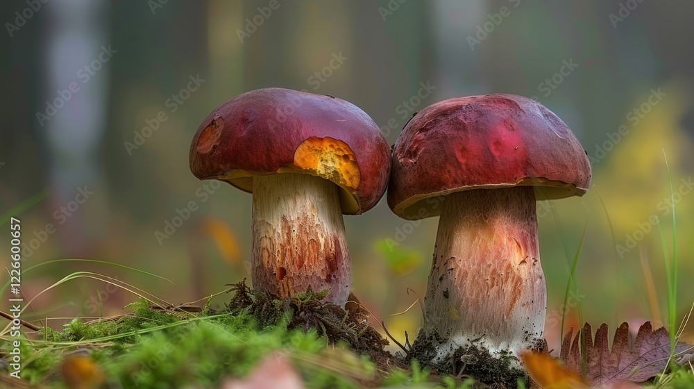 Fototapeta premium Mushroom on a reserved background, beautiful outdoor specimen. Background hushed, mushroom marked.