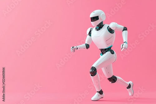 Robot Running Energetically Against a Soft Pink Background Suggesting Innovation and Modern Technology photo