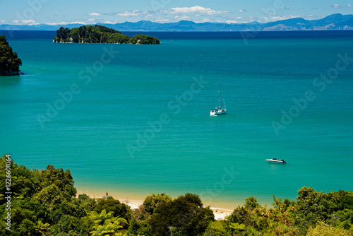 Adele Island viewed from the Abel Tasman Coastal Track at Coquille Bay, New Zealand