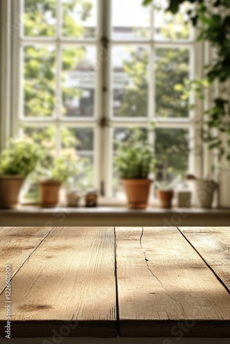 Rustic wooden table with blurred window and plants in background for product display mockup